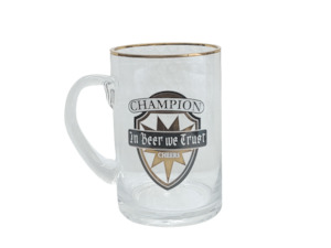 In Beer We Trust: Champion Glass Mug – Giftware & Engravers