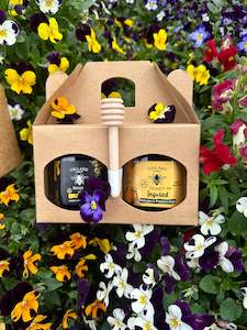 Gift Box with 2 x 250gm jars, Manuka and Manuka/Passionfruit Infused Honey with Dipper