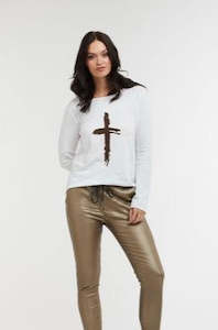 Womenswear: Hot Cross L/S Top - White w Choc Cross