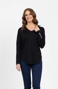 Merino V-Neck Top With Button Cuff Detail - Black