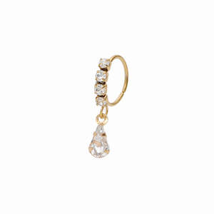 Jewellery: CZ Hoop Nose Ring with Dangle Teardrop CZ - Gold