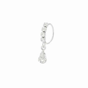 CZ Hoop Nose Ring with Dangle Teardrop CZ - Silver