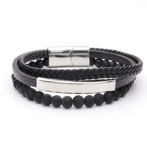 Black Beads Multilayer Leather Bracelet with Stainless Steel ID Plate