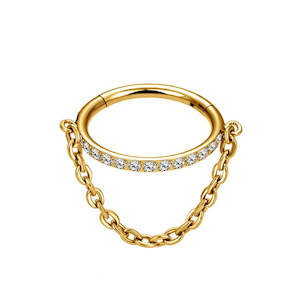 Jewellery: Titanium Outward Facing Pave CZ Hoop with Chain Link - Gold