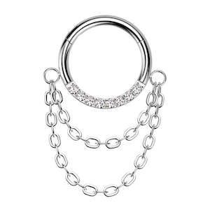 Titanium CZ Segment Hoop with Double Chain Dangle