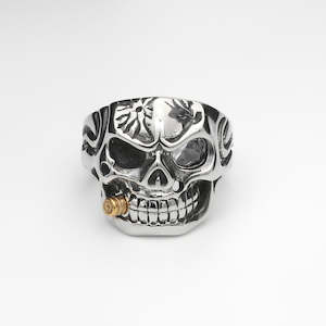 Stainless Steel Skull with Gold Bullet Ring