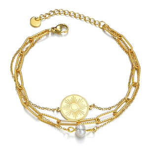 Stainless Steel Triple-Layered Bracelet with Round Disc & Pearl Charms - Gold