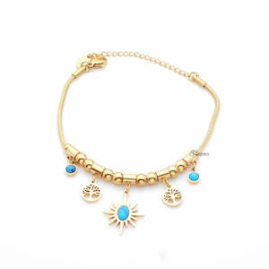 Stainless Steel Bracelet with Tree of Life and Turquoise Charms - Gold