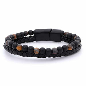 Tiger Eye Beads with Black Braided Leather Bracelet