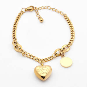 Stainless Steel Women's Bracelet with Dangle Heart Charm - Gold