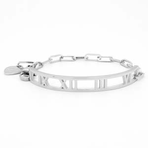 Stainless Steel Roman Numerals Bracelet with Heart Charm - Silver