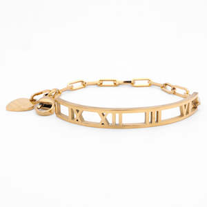 Stainless Steel Roman Numerals Bracelet with Heart Charm - Gold