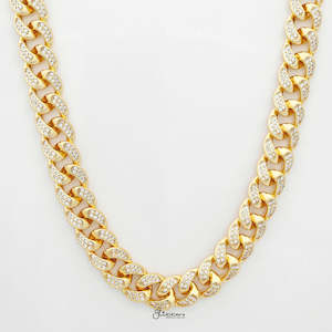 Jewellery: 15mm Iced Out Miami Cuban Chain - Gold