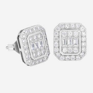 Baguette Cut CZ Rectangular Stud Earrings - Silver