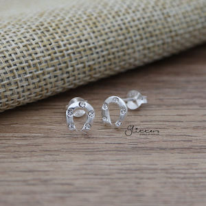 Solid 925 Sterling Silver Horseshoe Stud Earrings with Crystals