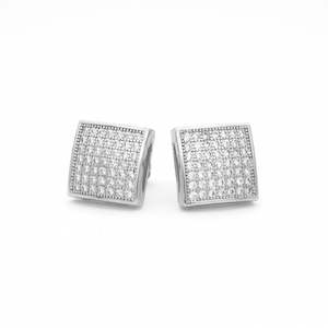 CZ Paved Iced Square Stud Earrings - Silver