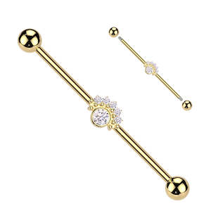 CZ Fan With Big Round CZ Center Industrial Barbell - Gold