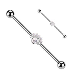 CZ Fan With Big Round CZ Center Industrial Barbell - Silver