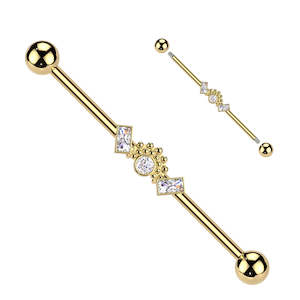 Double Baguette CZ Ends With Round CZ Centre Industrial Barbell - Gold