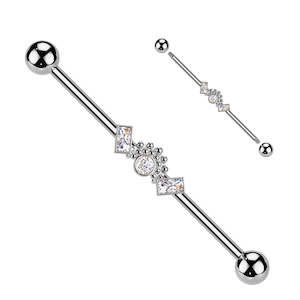 Double Baguette CZ Ends With Round CZ Centre Industrial Barbell - Silver