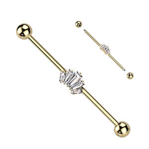 Baguette CZ Crown Industrial Barbell - Gold