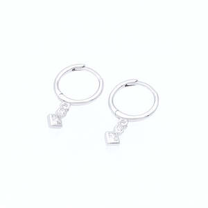 Rhombus and Round CZ Charm Hoop Earrings - Silver