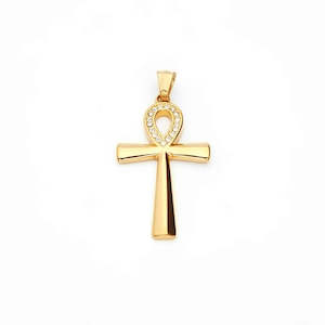 Stainless Steel CZ Ankh Cross Pendant - Gold