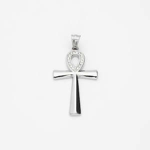 Stainless Steel CZ Ankh Cross Pendant - Silver