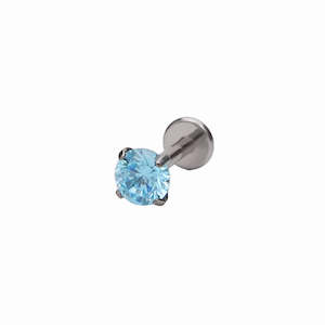 Round CZ Top Internally Threaded Titanium Flat Back Stud Earrings - Aqua