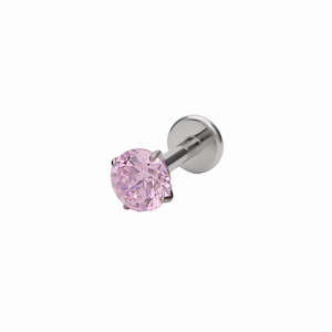 Round CZ Top Internally Threaded Titanium Flat Back Stud Earrings - Pink