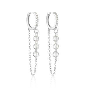 Sterling Silver Hoop Earrings with a Three CZs Chain - Silver