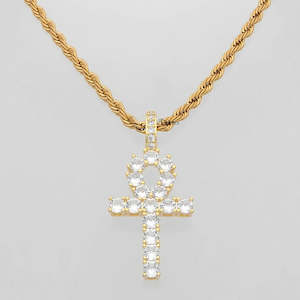 Iced Out Egyptian Ankh Cross Pendant - Gold