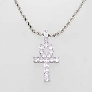 Iced Out Egyptian Ankh Cross Pendant - Silver