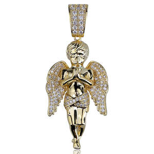 Iced Out Praying Angel Pendant - Gold