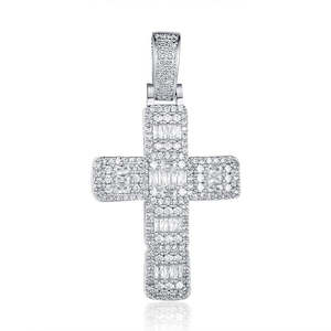 Iced Out Baguette-Cut Cross Pendant - Silver