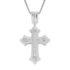 Iced Out Baguette Cut CZ Cross Pendant - Silver