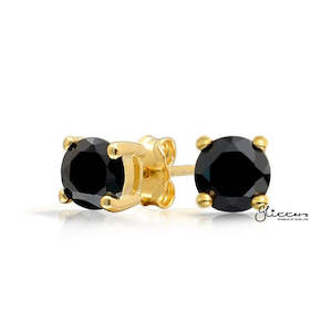 18k Gold Plated Black Round Cubic Zirconia Studs Earrings