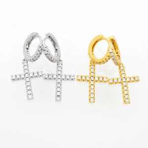 Jewellery: CZ Paved Dangle Cross Huggie Hoop Earrings