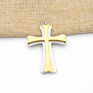 Double Layer Cross Pendant with Greek Key Pattern - Gold