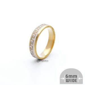 Jewellery: 6mm Wide Stainless Steel Two-Tone Greek Key Accented Matt Finish Ring