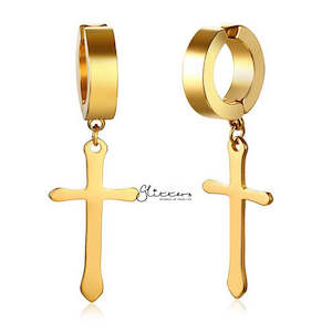 Non-Pierced Stainless Steel Clip On Cross Dangle Hoop Earrings - Gold