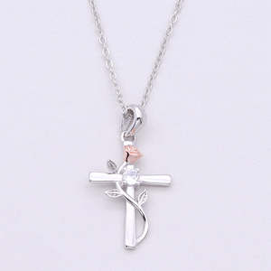 Sterling Silver Rose on Cross Necklace