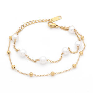 Double Layered Women's Bracelet with Pearl Charms - Gold