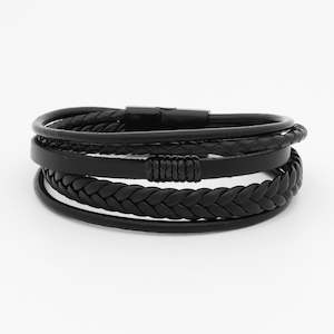 Jewellery: Multilayer Braided Black Leather Bracelet With Magnetic Clasp