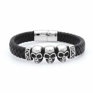 Jewellery: Skull Heads Braided Leather Bracelet