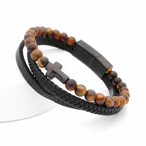 Tiger Eye Beads with Cross Multilayer Leather Bracelet