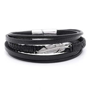 Multilayer Leather Bracelet with Feather Ornament