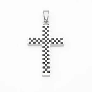 Stainless Steel Black & White Checkered Cross Pendant