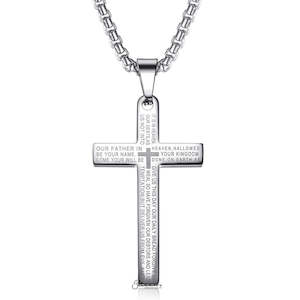 Lord's Prayer Cross Stainless Steel Pendant - Silver