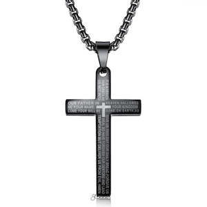 Lord's Prayer Cross Stainless Steel Pendant - Black